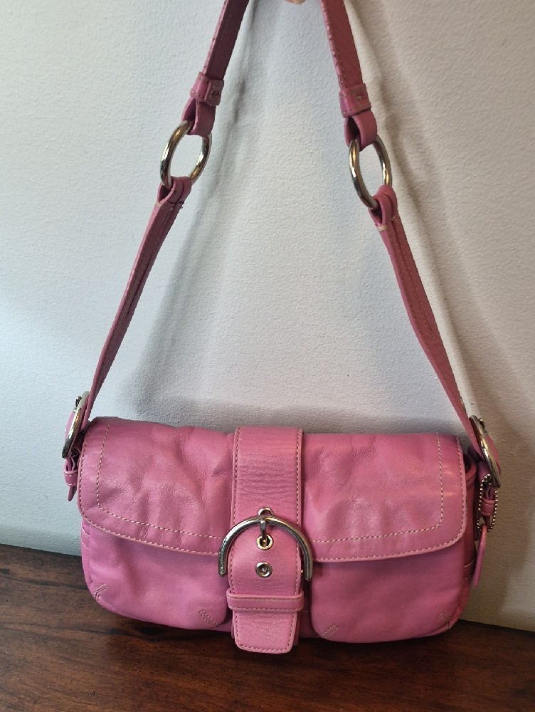 Coach Soho Double Pocket Buckle Flap Shoulder Bag Pink Leather Y2k 3653 Vintage